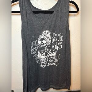 Funny ADHD Graphic Tank Top – “I’m Not Demure” – Dark Gray – Size 2XL